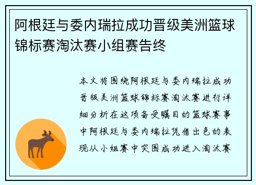 阿根廷与委内瑞拉成功晋级美洲篮球锦标赛淘汰赛小组赛告终